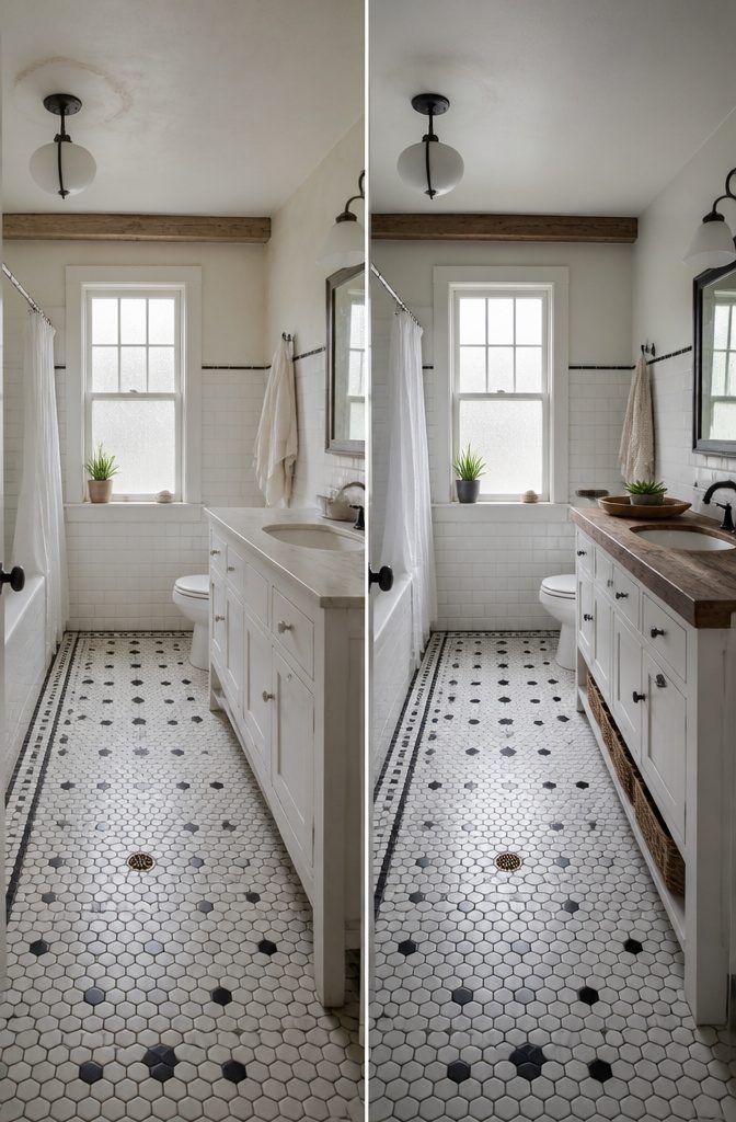 7 1920s Bathroom Ideas for 2026: Classic Tile, Brass & Period Style 2 A bathroom featuring black and white hex tile and salvaged wood.