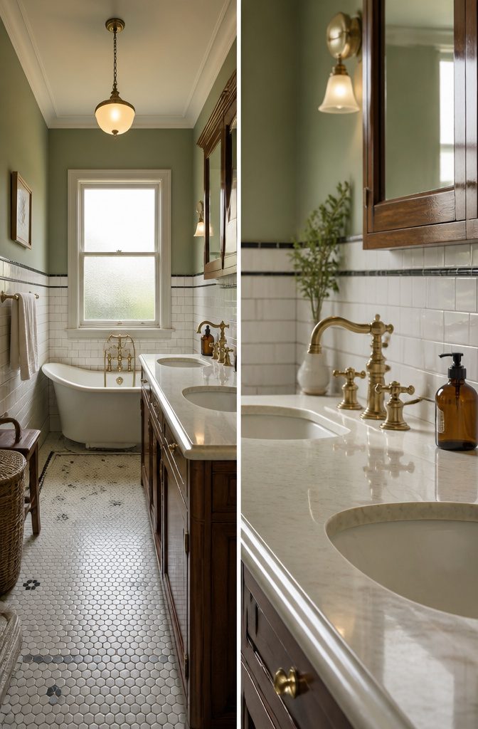 7 1920s Bathroom Ideas for 2026: Classic Tile, Brass & Period Style 1 A small bathroom with white subway tile and brass fixtures.