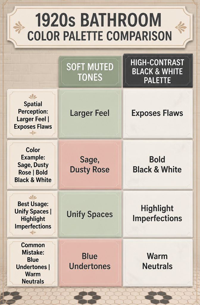 7 1920s Bathroom Ideas for 2026: Classic Tile, Brass & Period Style 8 A color palette comparison for 1920s bathroom styles.