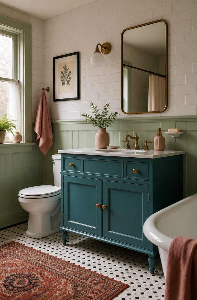7 1920s Bathroom Ideas for 2026: Classic Tile, Brass & Period Style 6 A vibrant bathroom with mint green wainscoting and a teal vanity.