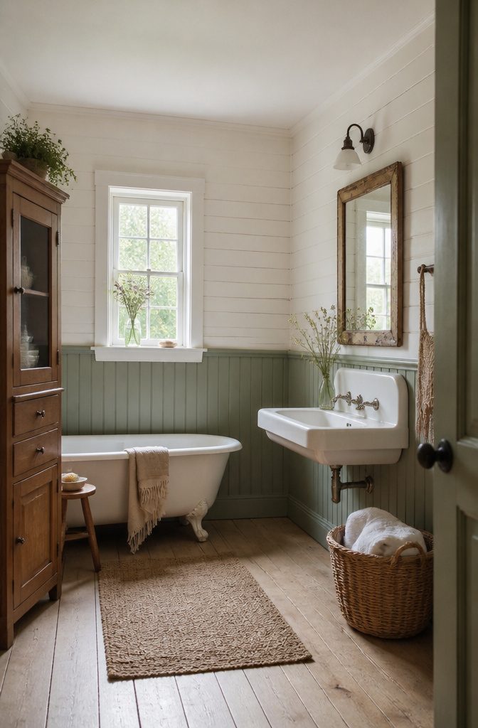 7 1920s Bathroom Ideas for 2026: Classic Tile, Brass & Period Style 4 A cottage-style bathroom with beadboard and vintage fixtures.
