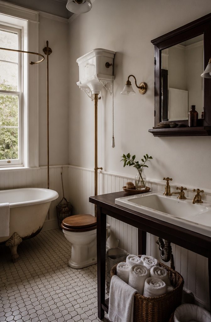 7 1920s Bathroom Ideas for 2026: Classic Tile, Brass & Period Style 7 A bathroom showcasing a salvaged sink and antique fixtures.