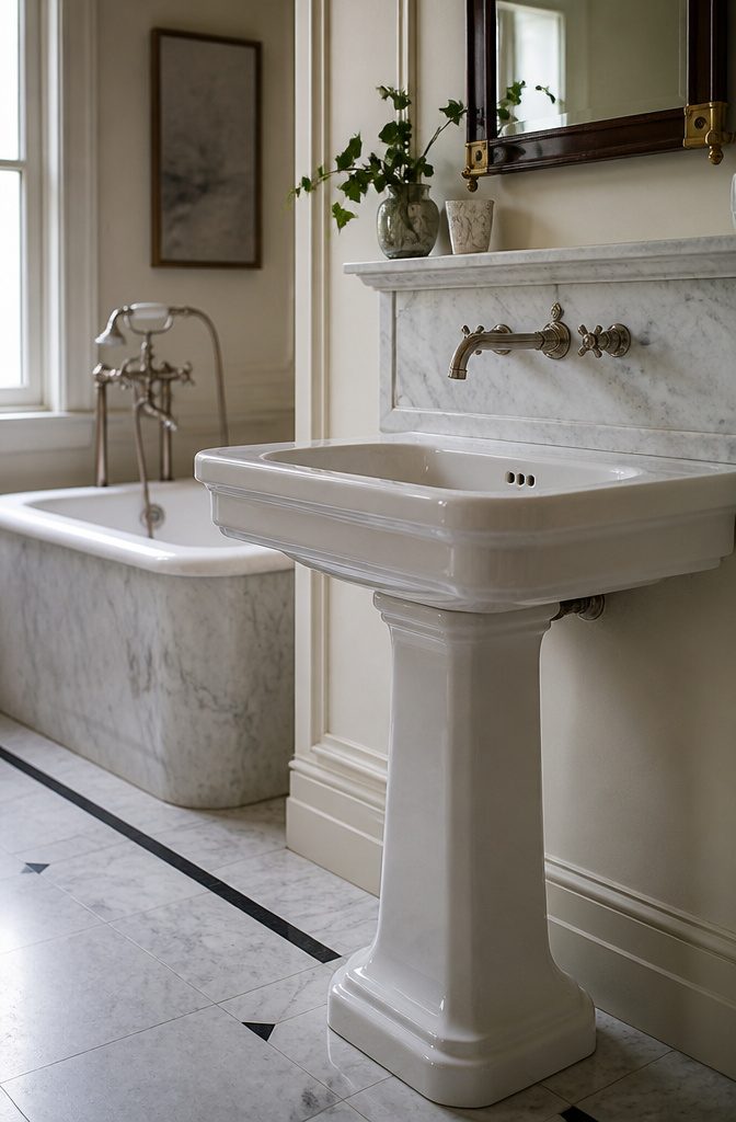 7 1920s Bathroom Ideas for 2026: Classic Tile, Brass & Period Style 3 A bathroom showcasing porcelain and marble fixtures.