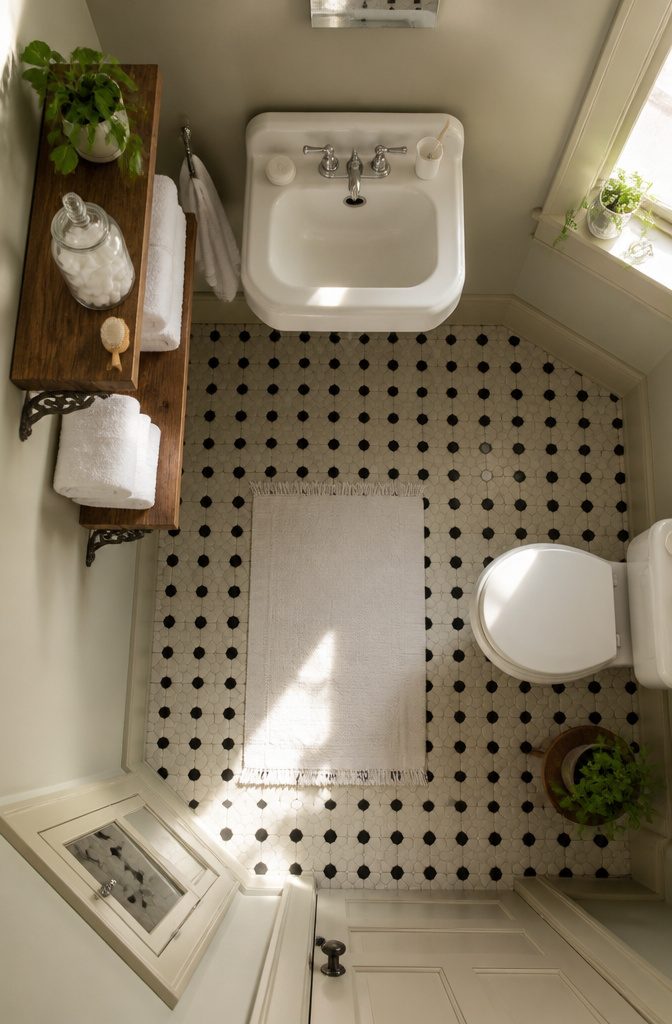 7 1920s Bathroom Ideas for 2026: Classic Tile, Brass & Period Style 11 A bathroom with open shelving and a recessed medicine cabinet.
