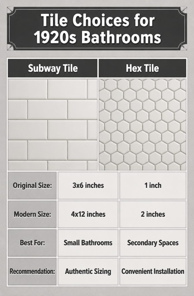 7 1920s Bathroom Ideas for 2026: Classic Tile, Brass & Period Style 9 A visual guide to tile choices for 1920s bathrooms.