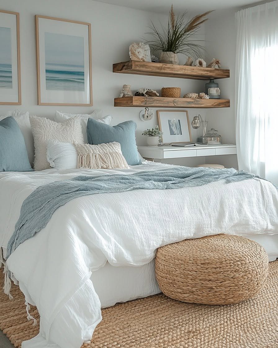 Airy coastal bedroom with white linens, blue accents, and natural woven textures.