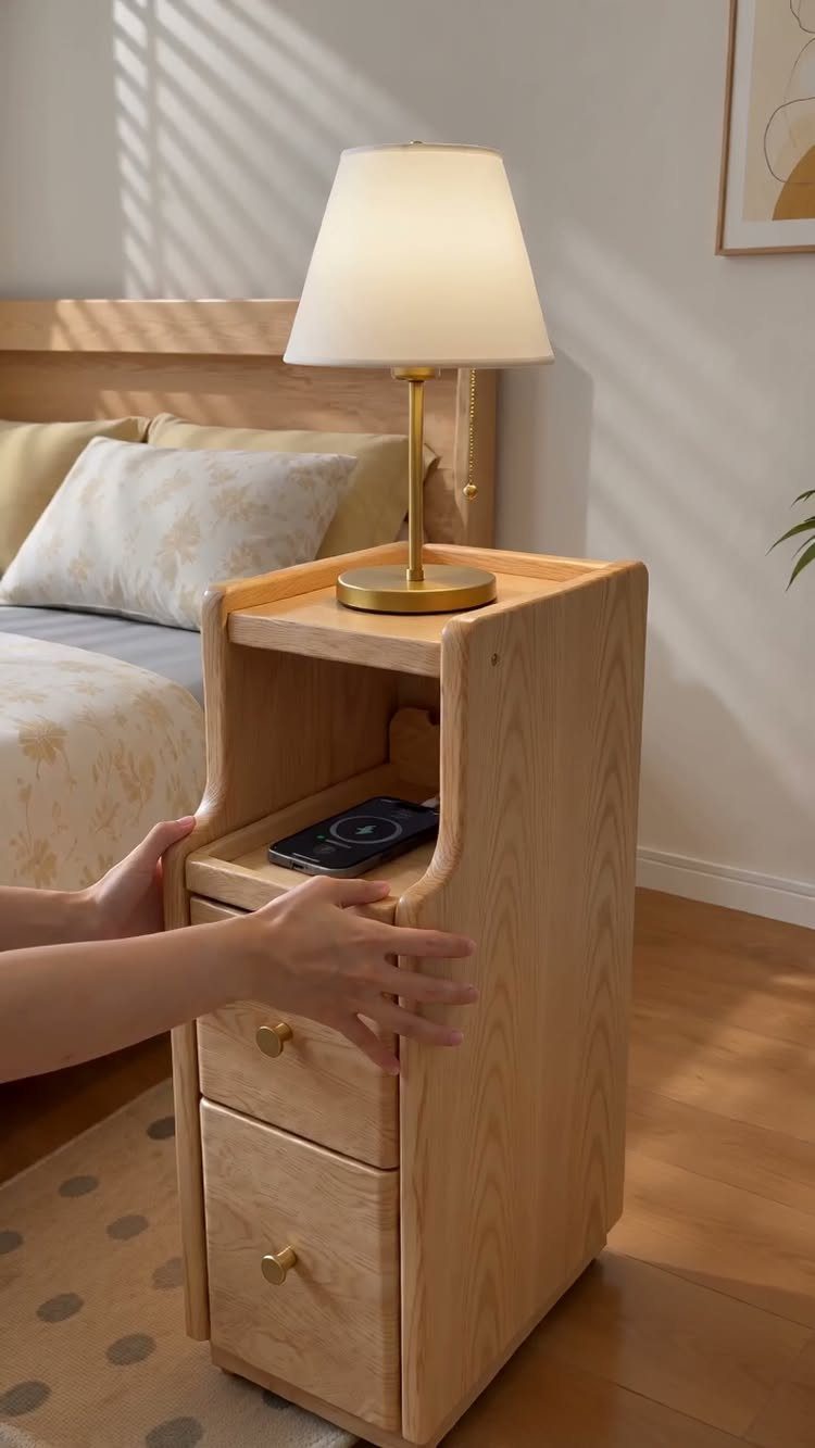 Wooden bedside table with a lamp and open shelf next to a bed.