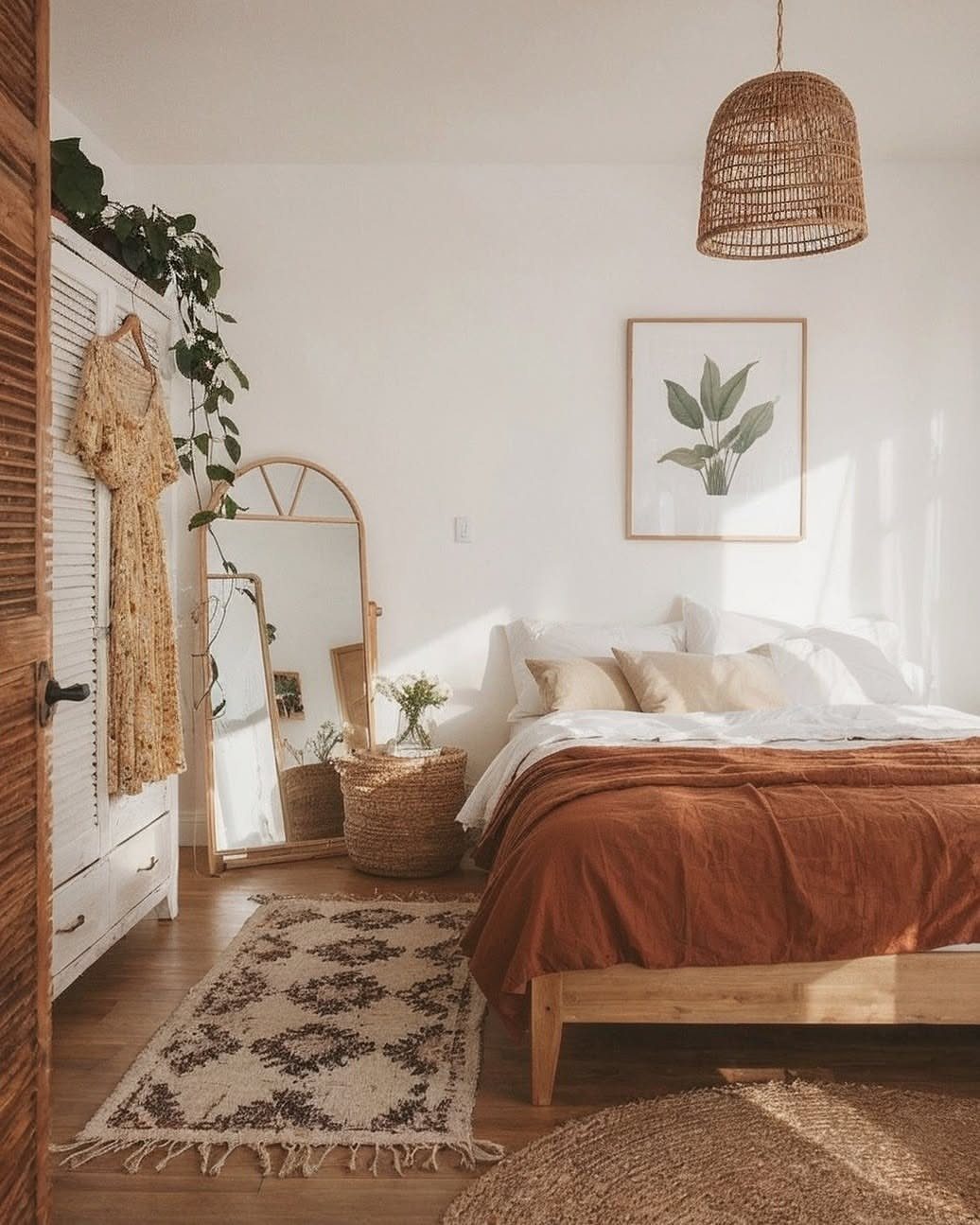 Boho bedroom with terracotta bedding, woven pendant light, and a patterned area rug.