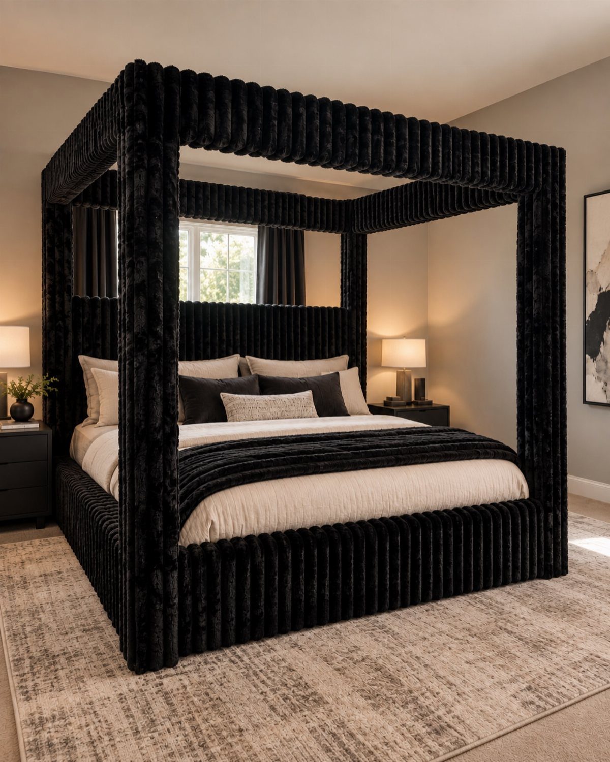 Black velvet channeled four-poster bed frame with white linens in a modern bedroom.