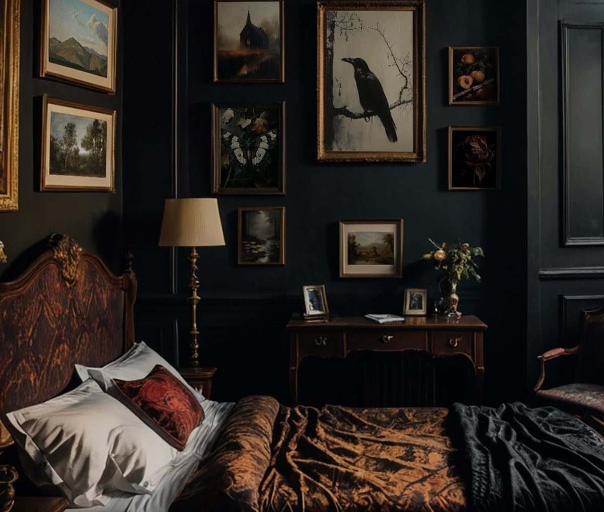Ornate vintage bedroom with dark walls, classical framed art, and a carved wooden headboard.