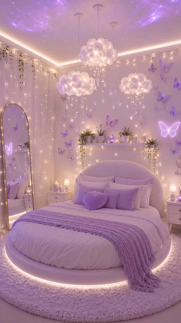 Purple bedroom with round bed, cloud ceiling lights, and glowing fairy string lights.