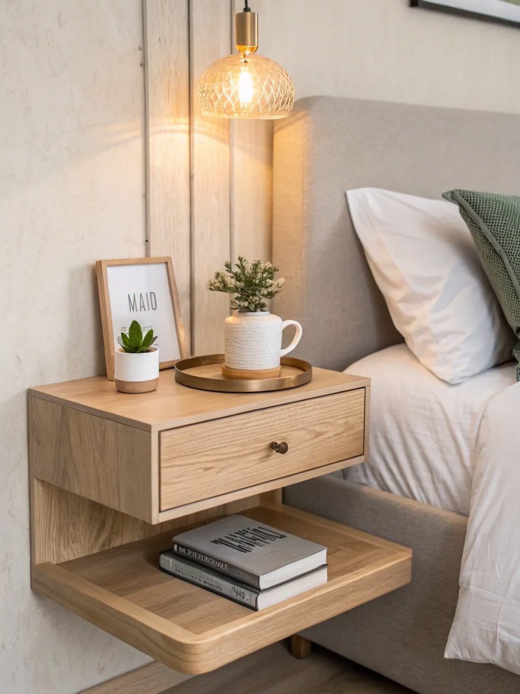 Wooden floating nightstand with a drawer and shelf next to a cozy bed.