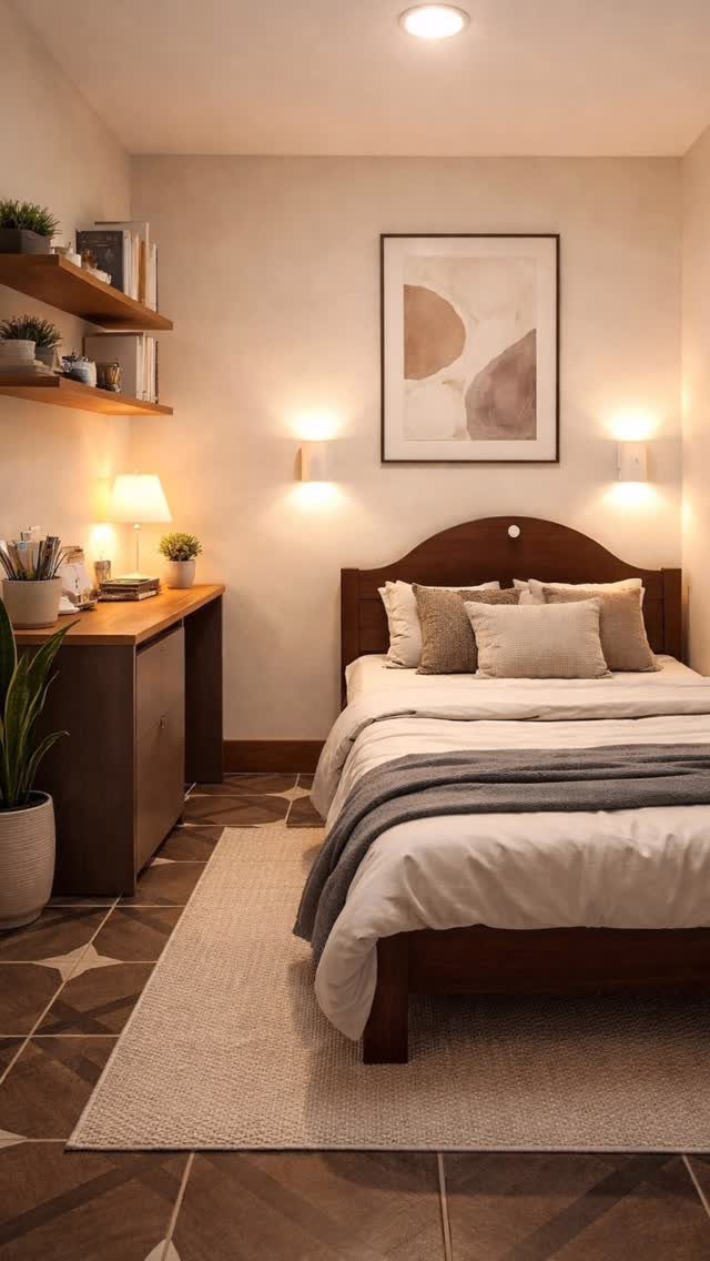 Wooden floating shelves on a wall above a desk in a neutral bedroom.
