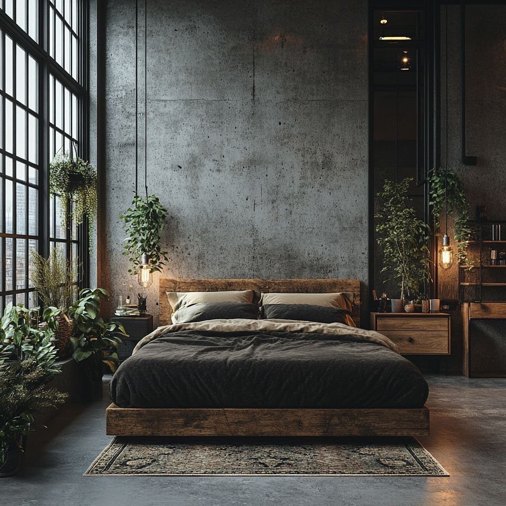Industrial bedroom with concrete walls, wooden bed, large windows, and lush green plants.