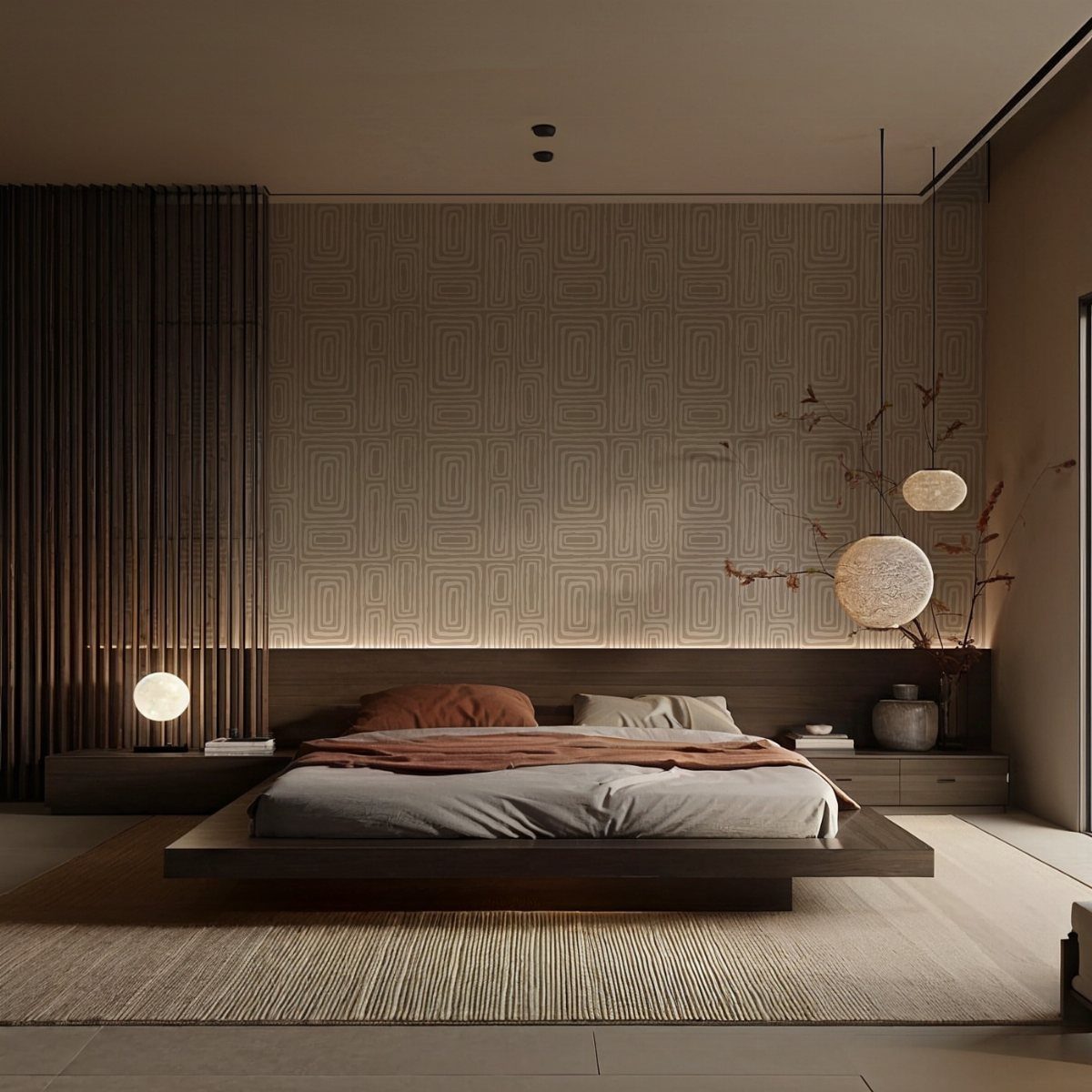 Low platform bed in a Japandi bedroom with neutral tones and paper lanterns.