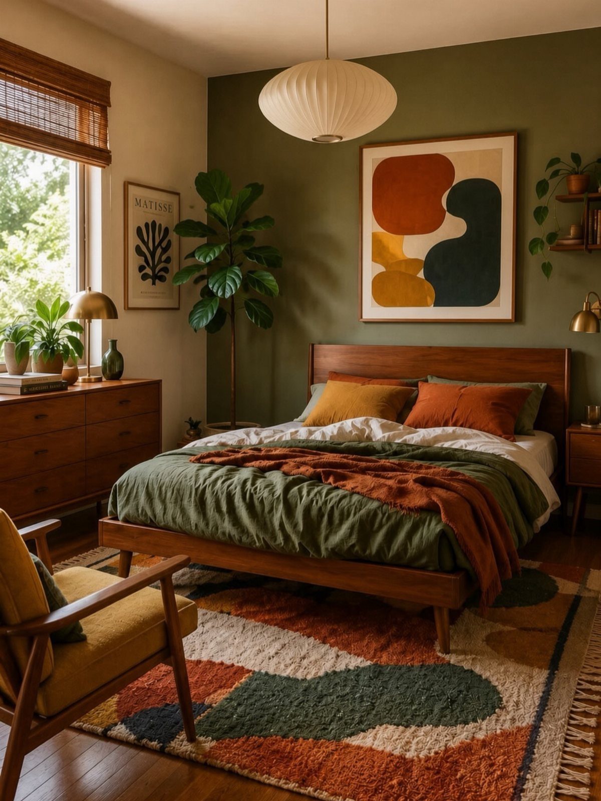 Mid-century modern bedroom with wooden furniture, green accent wall, and colorful abstract rug.