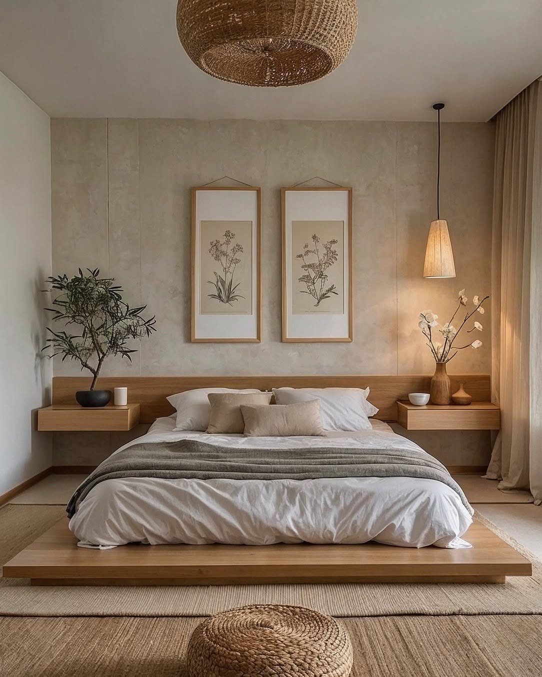 Minimalist bedroom with low platform bed, neutral tones, and simple botanical wall art.