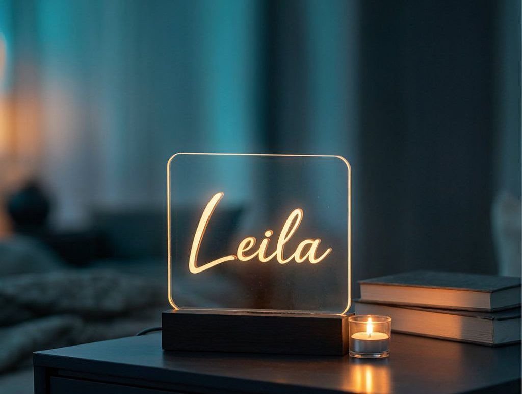 Glowing acrylic name plate with the name Leila on a dark bedside table.