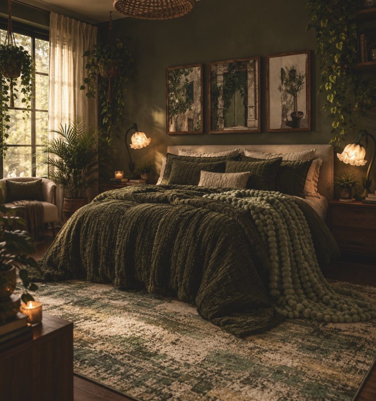 Cozy bedroom with dark green walls, olive bedding, and many lush indoor plants.