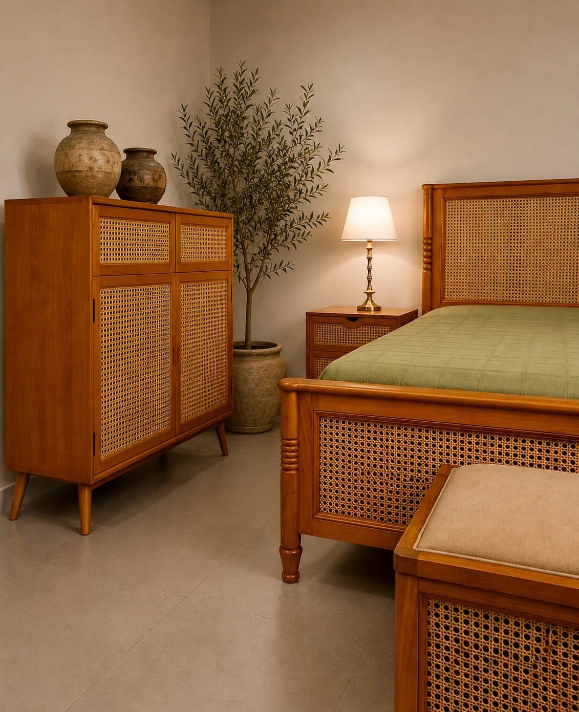 Wooden bedroom furniture set with woven rattan panels, including a bed and cabinet.