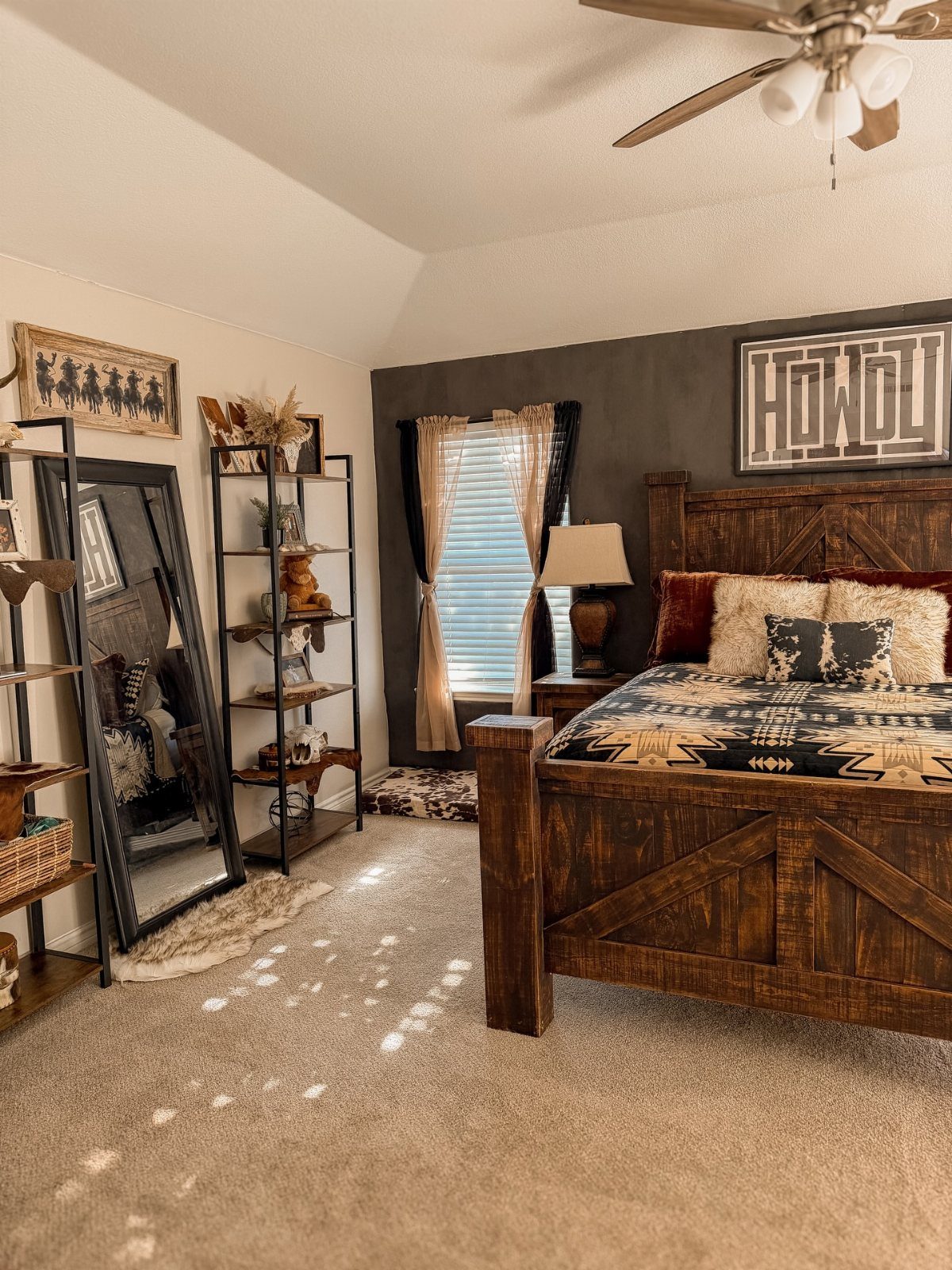 Rustic timber bed frame with X-brace design in a cozy, neutral-toned bedroom.