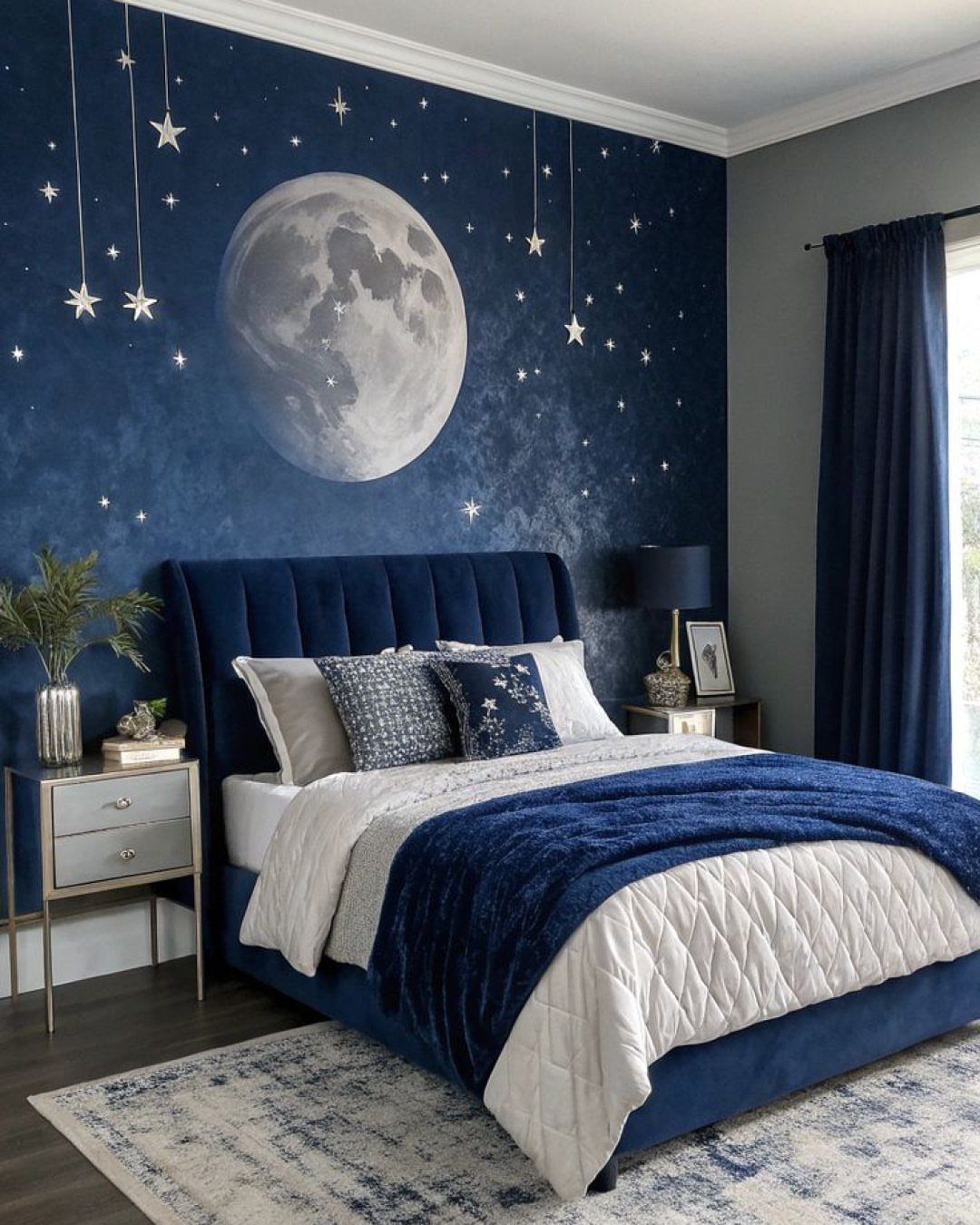 Bedroom with a large moon and stars mural on a dark blue wall.