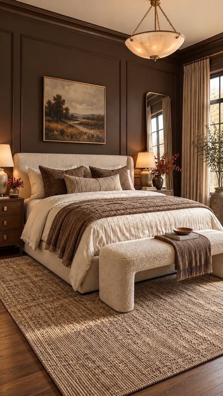 Coordinated bedroom featuring a dark brown, cream, and tan three-color palette with warm lighting.