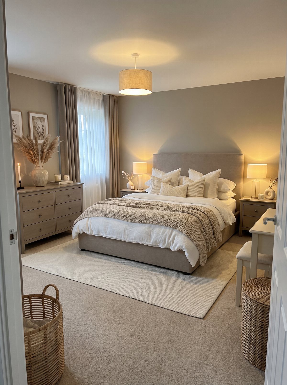 Cozy bedroom with warm lighting from bedside lamps and a central ceiling fixture.