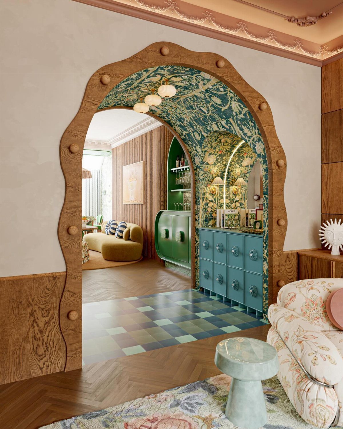 Curved wooden archway leading to a room with organic wallpaper and teal furniture.