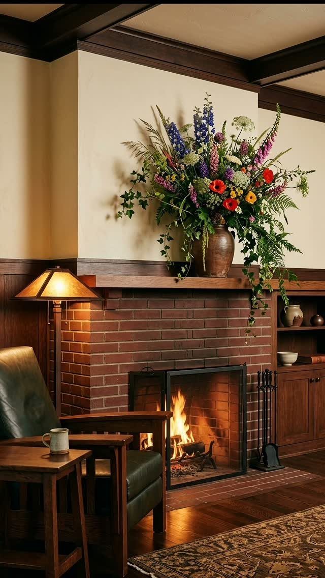 Brick fireplace with a burning fire and a large colorful floral arrangement on the mantel.
