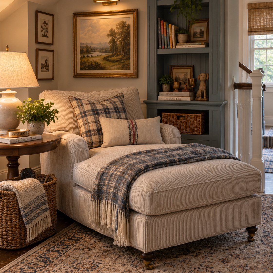 Cream chaise lounge with plaid pillows in a traditional room with bookshelves and art.