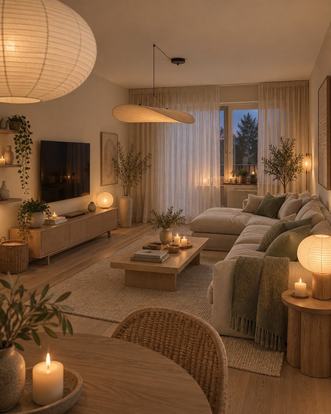 Cozy living room with neutral tones, beige sectional, wooden furniture, and warm paper lanterns.
