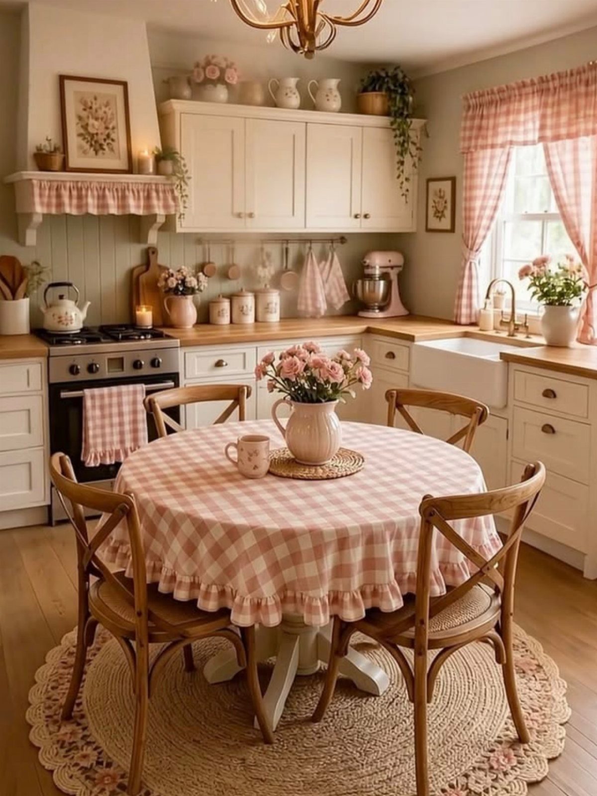 Country kitchen with pink gingham tablecloth, white cabinets, and fresh pink roses.