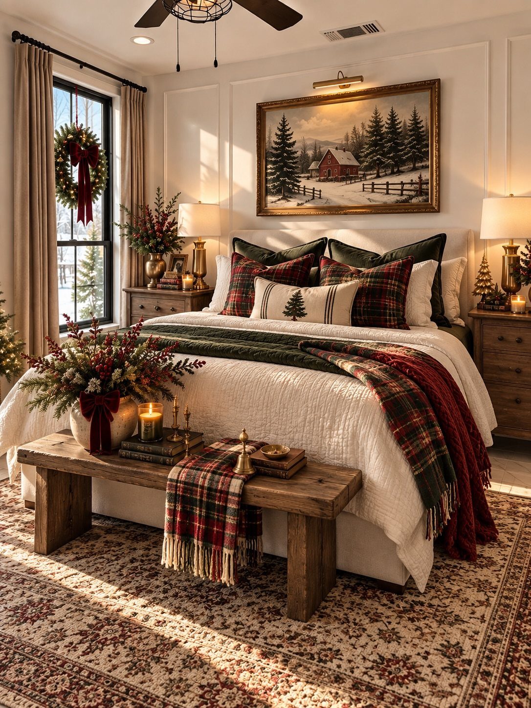 Cozy bedroom with rustic wooden bench, plaid bedding, and winter landscape painting.