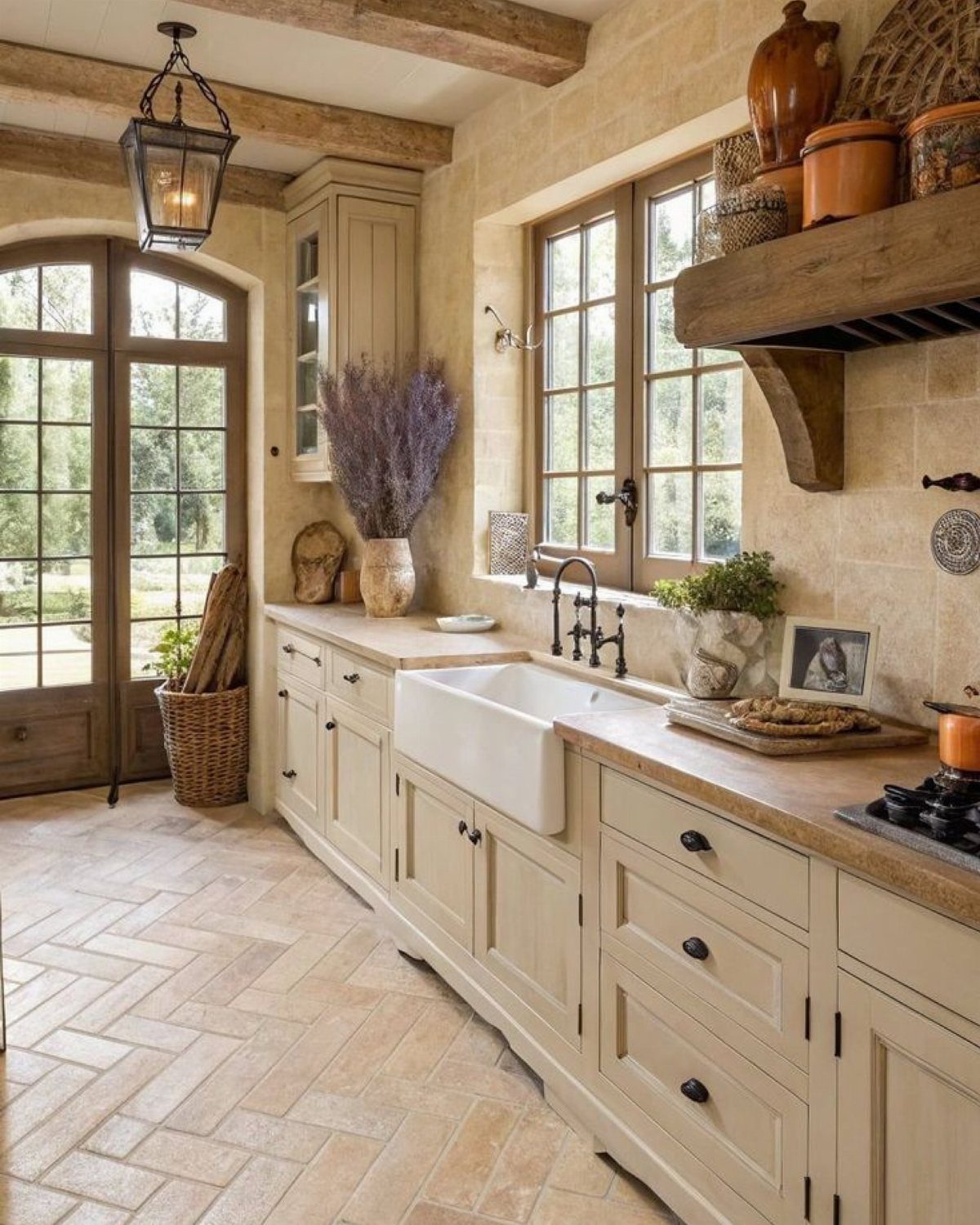 Rustic kitchen with cream cabinets, farmhouse sink, and exposed wooden ceiling beams.