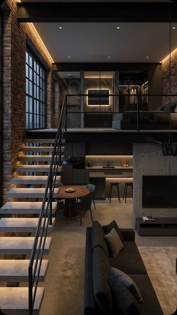 Industrial loft interior with exposed brick walls, concrete floors, and black metal stairs.