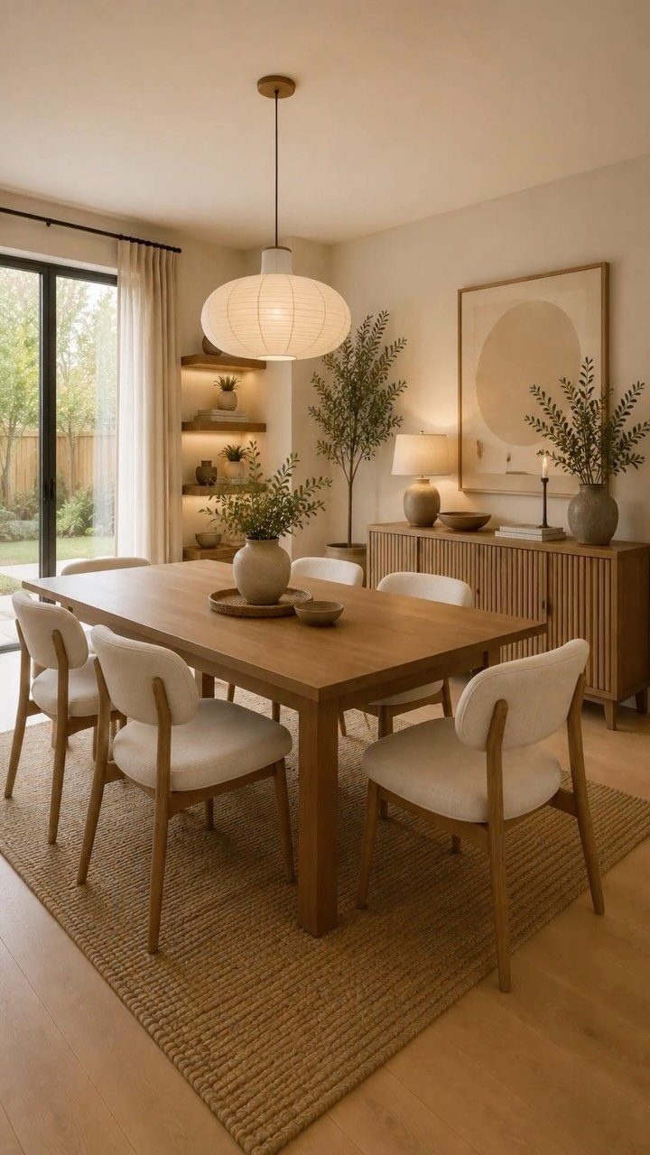 Minimalist dining room with light wood furniture, paper lantern, and neutral Japandi decor.