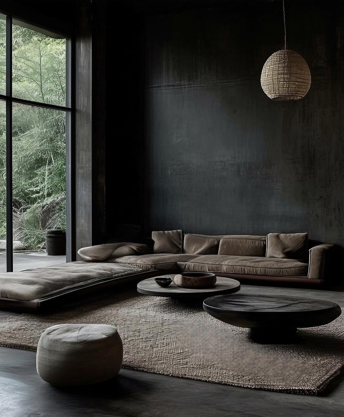 Low-profile brown sectional sofa and circular coffee tables in a dark minimalist living room.