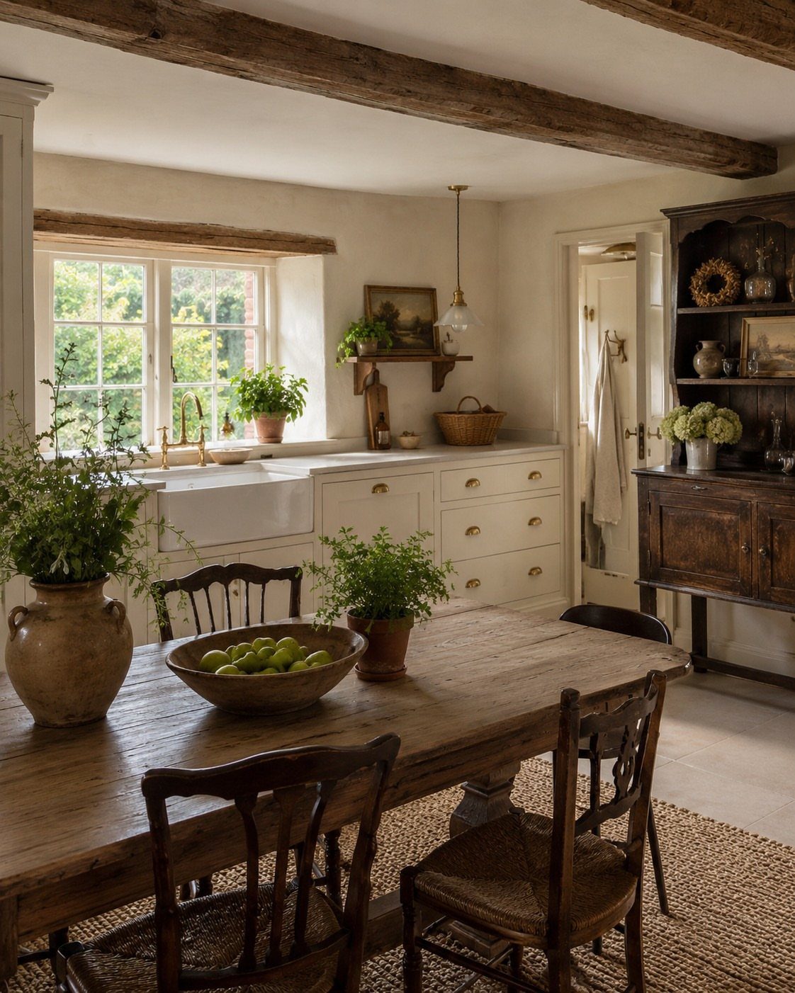 Rustic kitchen and dining area with exposed wooden beams and a weathered wooden table.