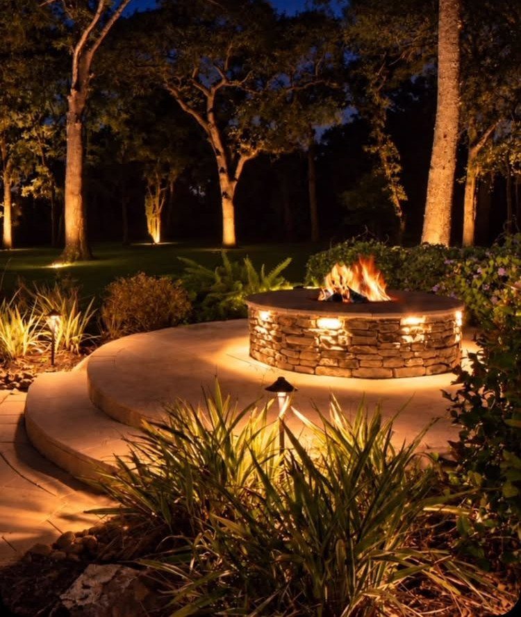 Stone fire pit on a concrete patio with landscape lighting and uplit trees