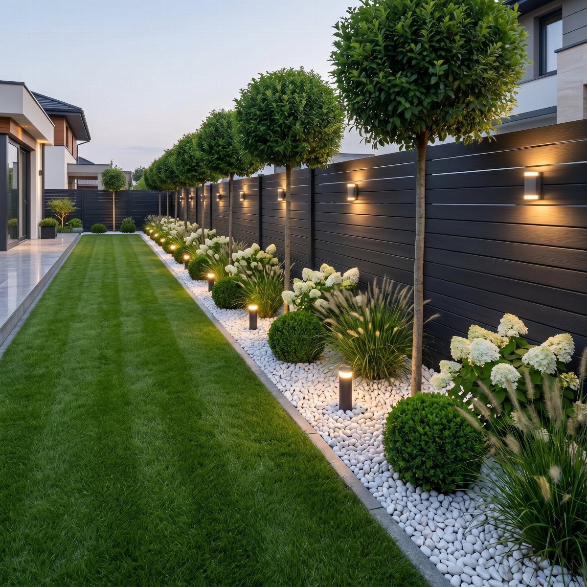 Modern backyard with combined path bollard lights and wall sconces along a black fence