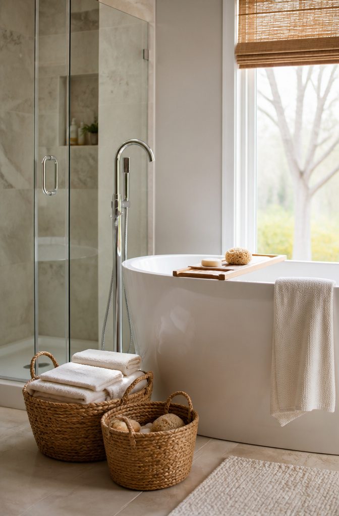 A wicker basket on a shelf filled with bathroom supplies.
