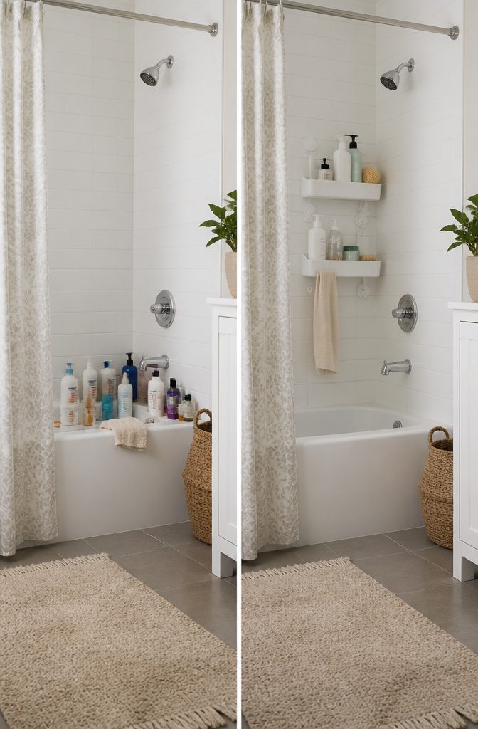 A person sorting bathroom items into three different piles.