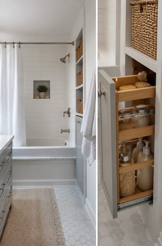 A mounted spice rack holding small bottles and makeup near a tub.