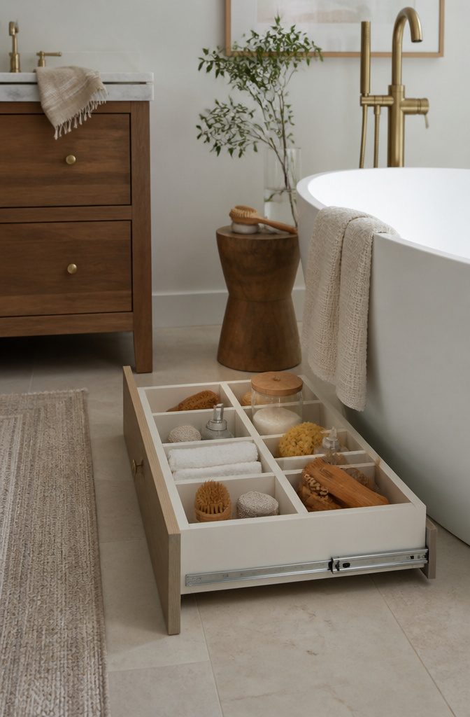 Drawer organizers in a bathroom drawer holding hair ties and creams.