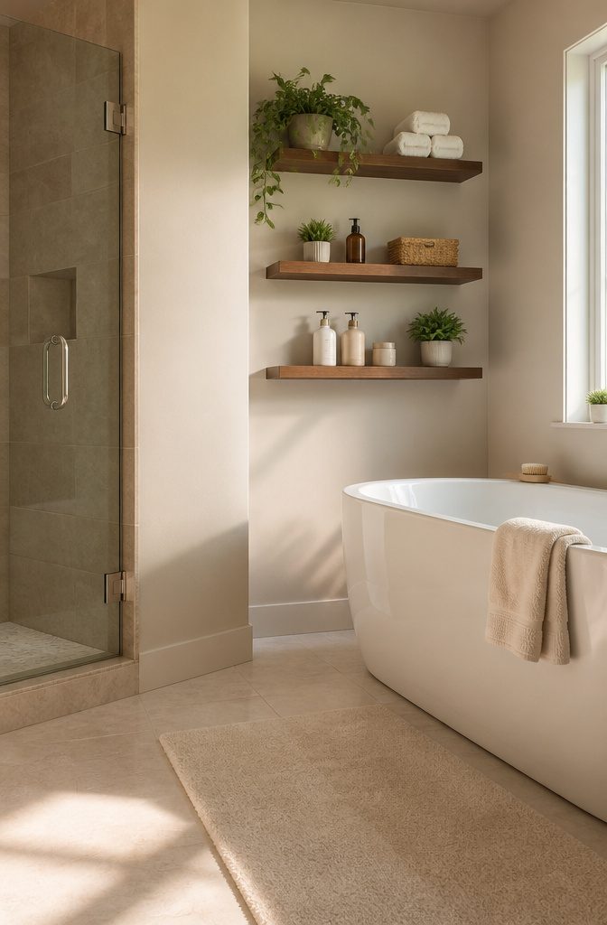 Floating shelves displaying toiletries and decorative items above a toilet.