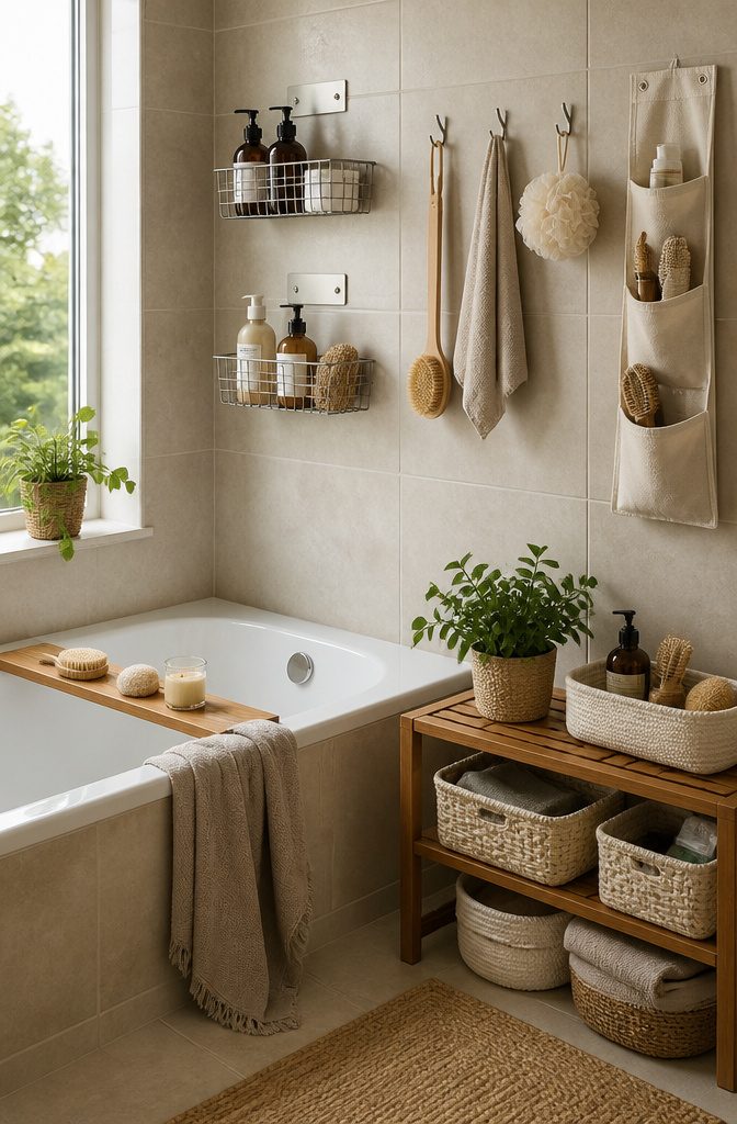 Storage bins with clear labels categorizing different bathroom items.