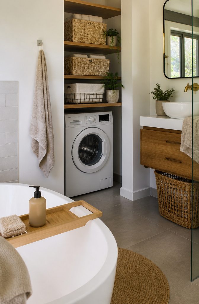A small round step can placed next to a pedestal sink for laundry.