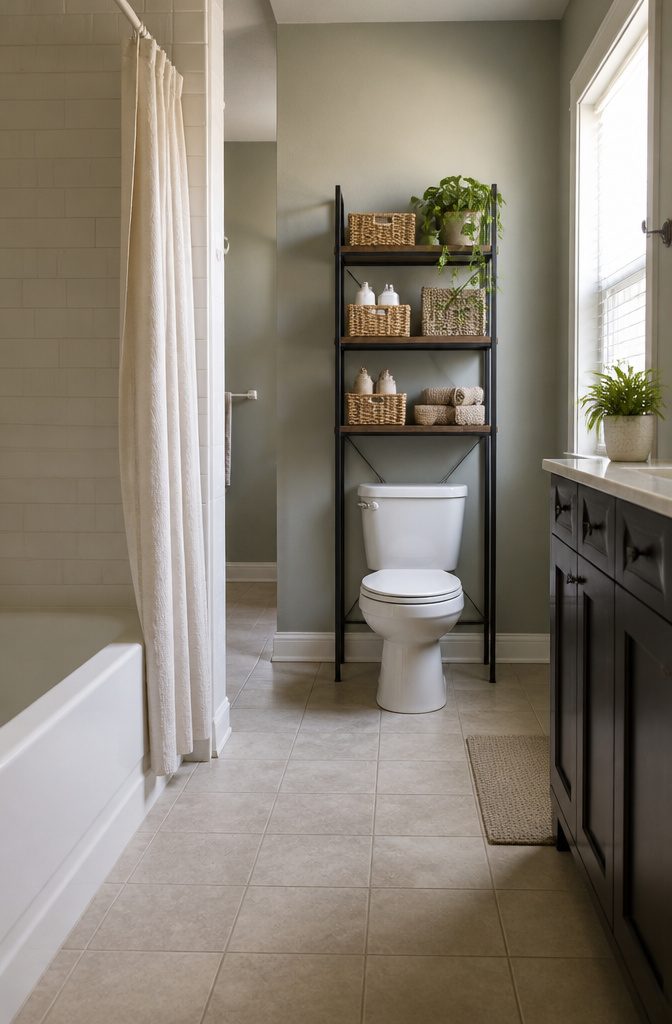 A leaning cabinet above a toilet holding bath essentials and decor.