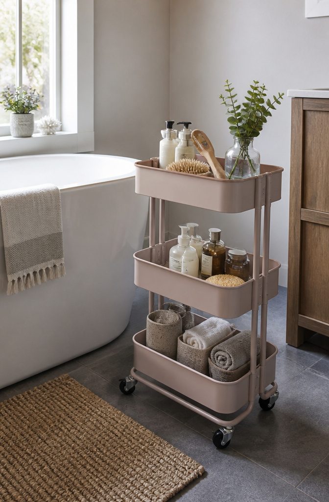 A rolling cart positioned next to a bathtub, filled with bath items.